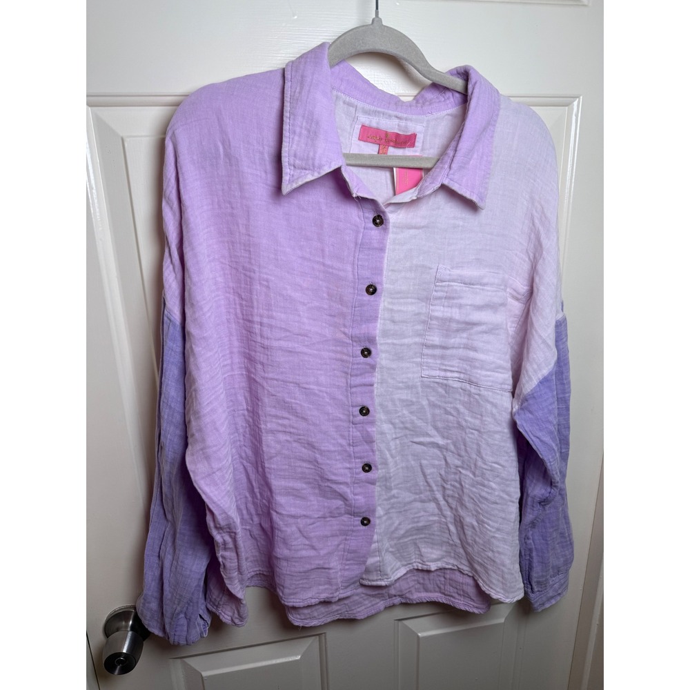 Simply Southern Cotton Gauze Colorblock Button Down Shirt Lilac Purple XL NEW